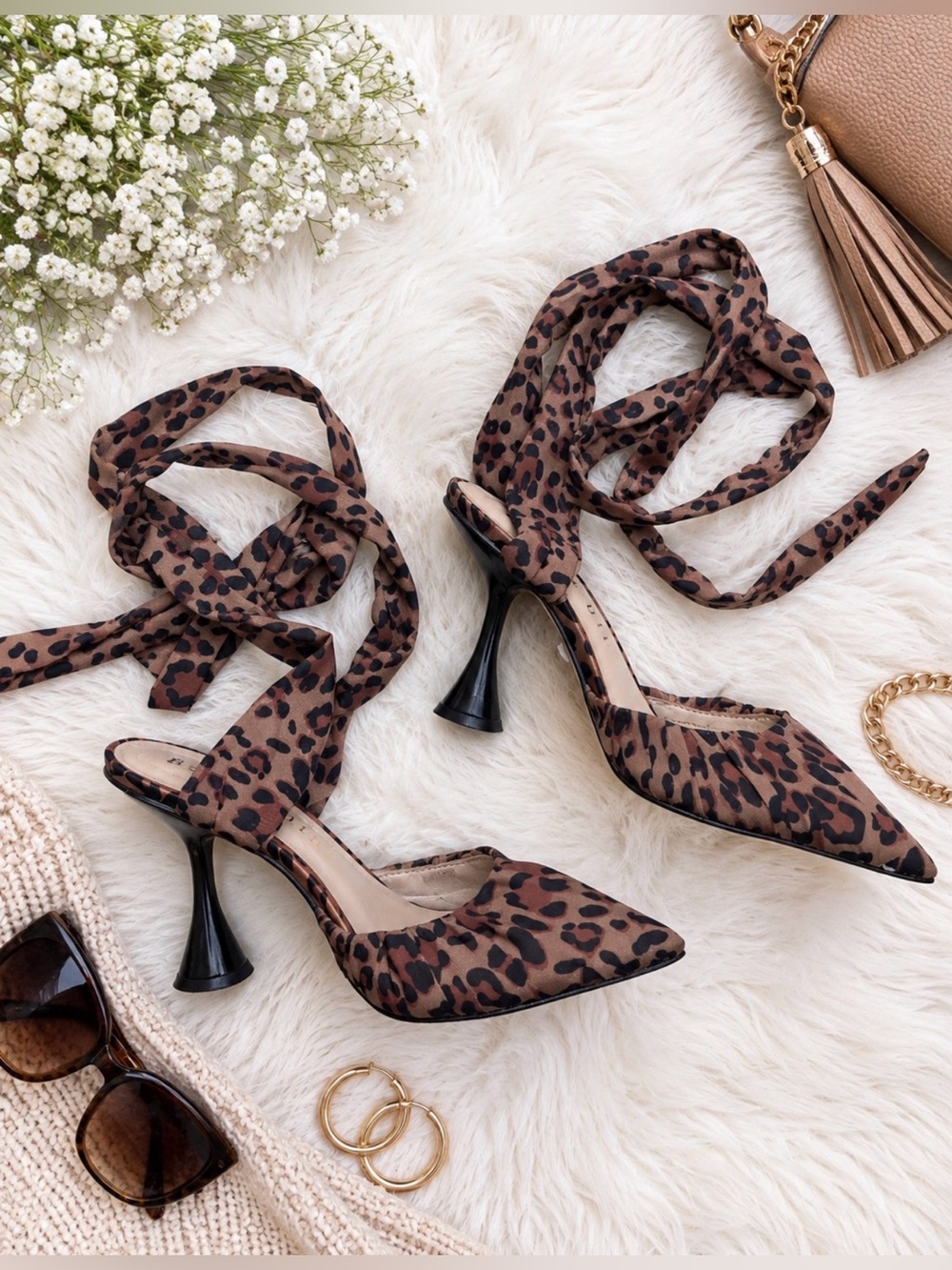 Leopard Print Pointed Toe Wraparound Ankle Tie Heels